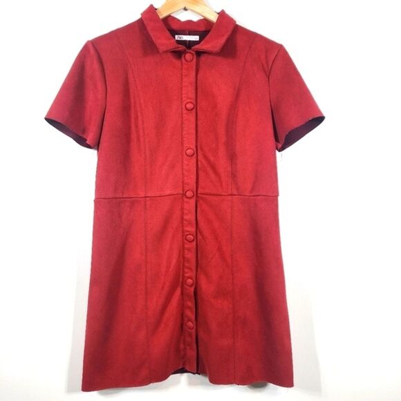 Zara Faux Suede Short Sleeve Collared Snap Button Mini Dress Size Med - Picture 1 of 7